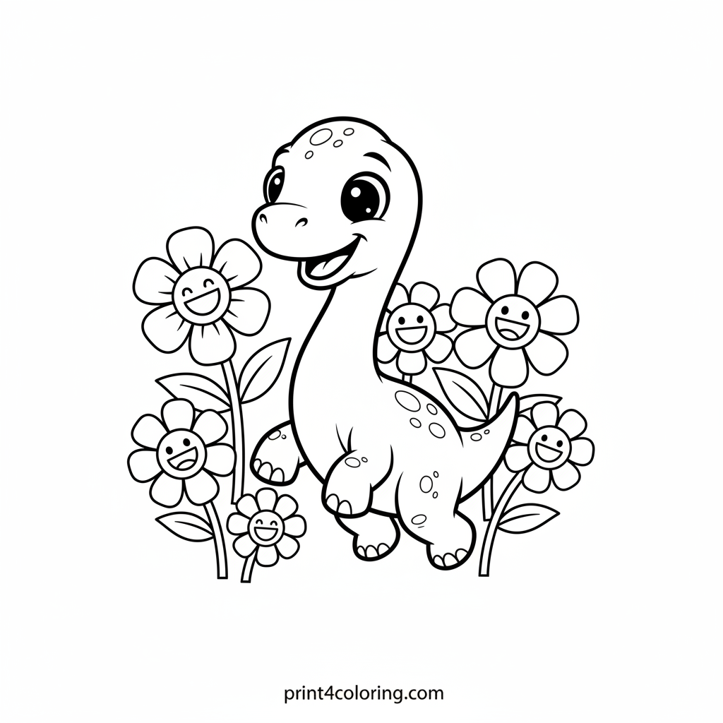 Happy Brachiosaurus Among Big Blooms