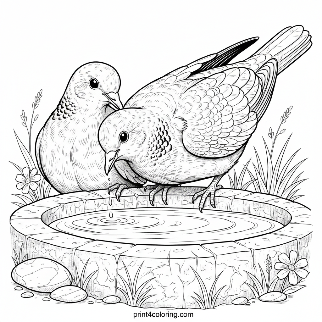 Peaceful Doves at the Garden Bird Bath