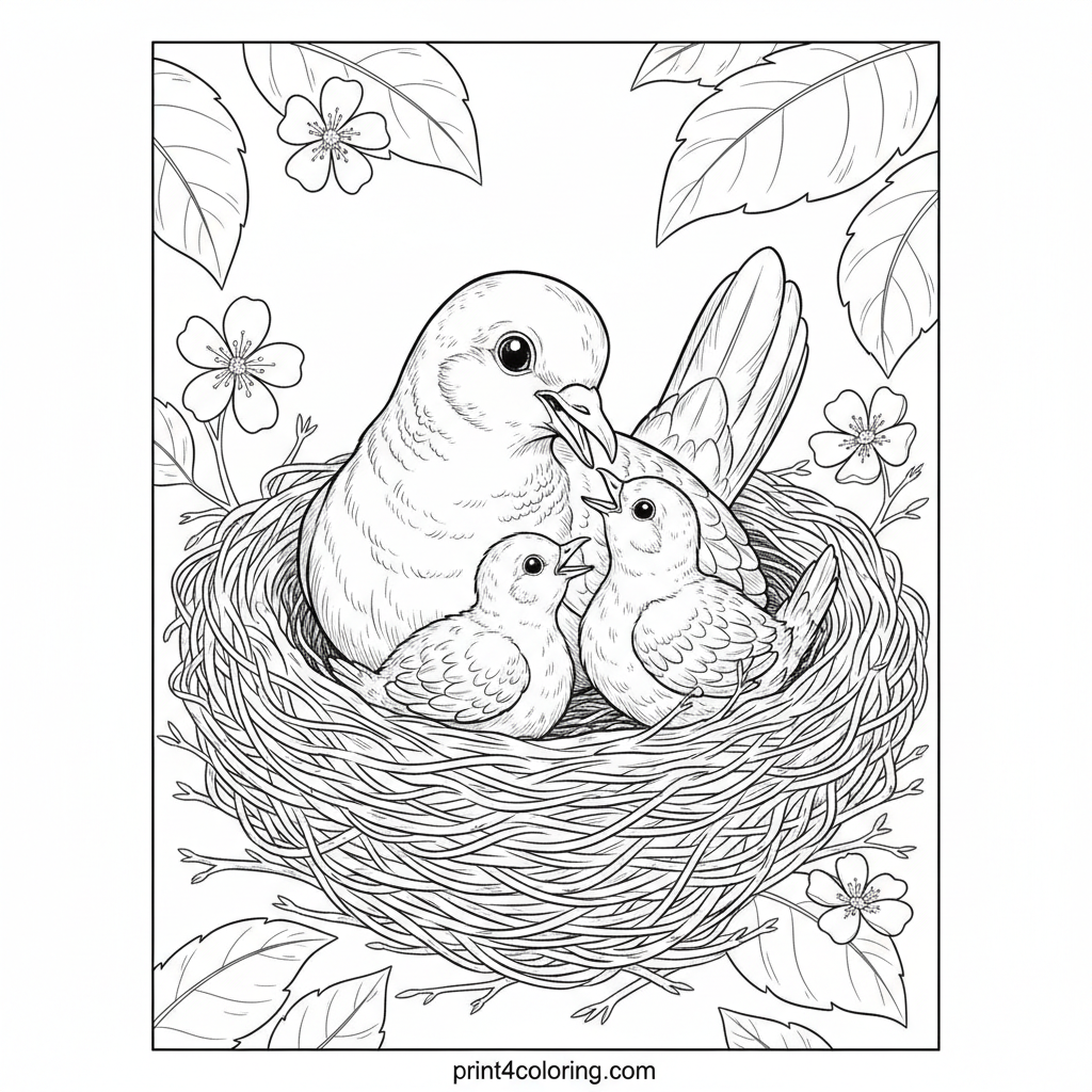 Tender Nestling Doves: A Mother's Gentle Care