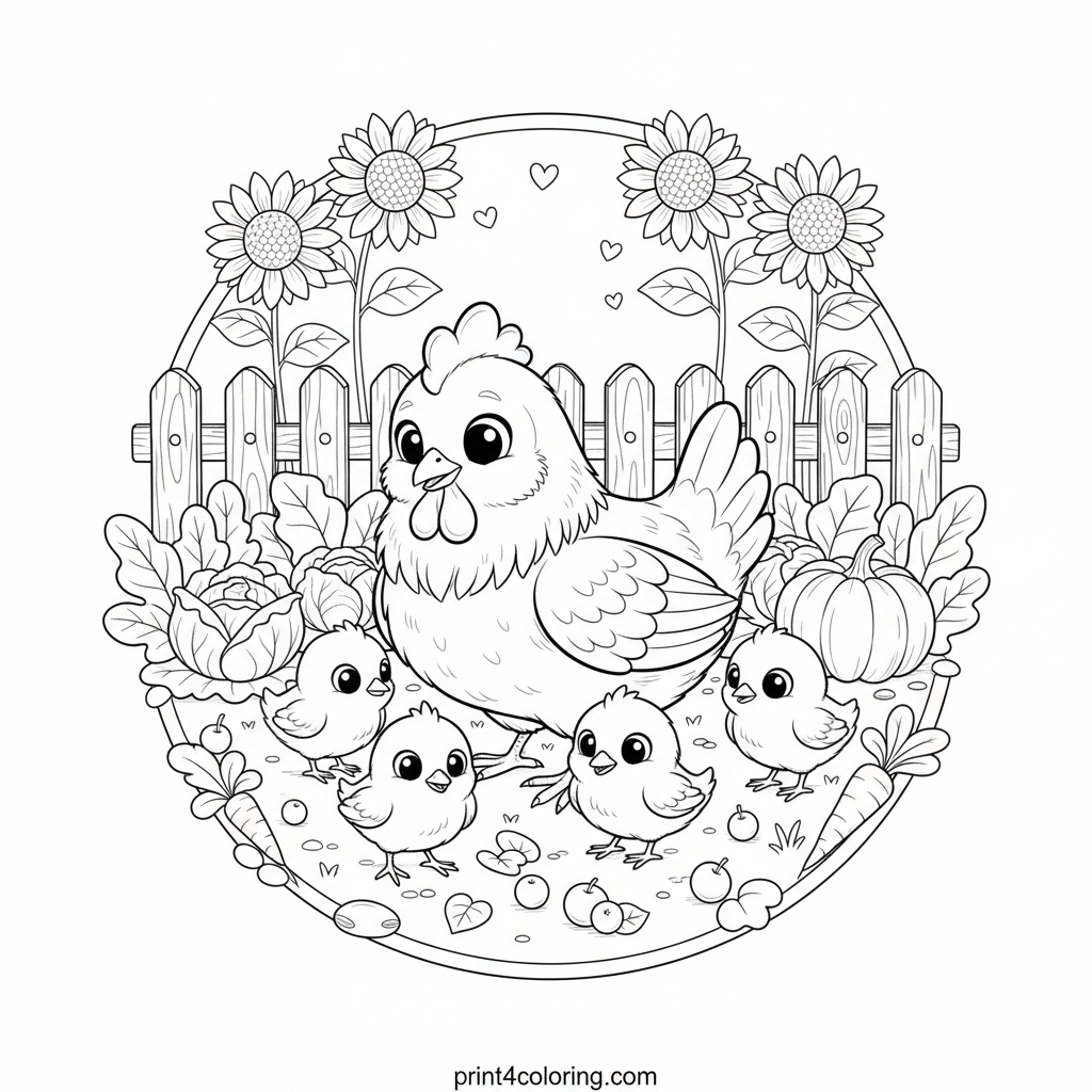 Cozy Garden Foragers: A Hen and Her Chicks