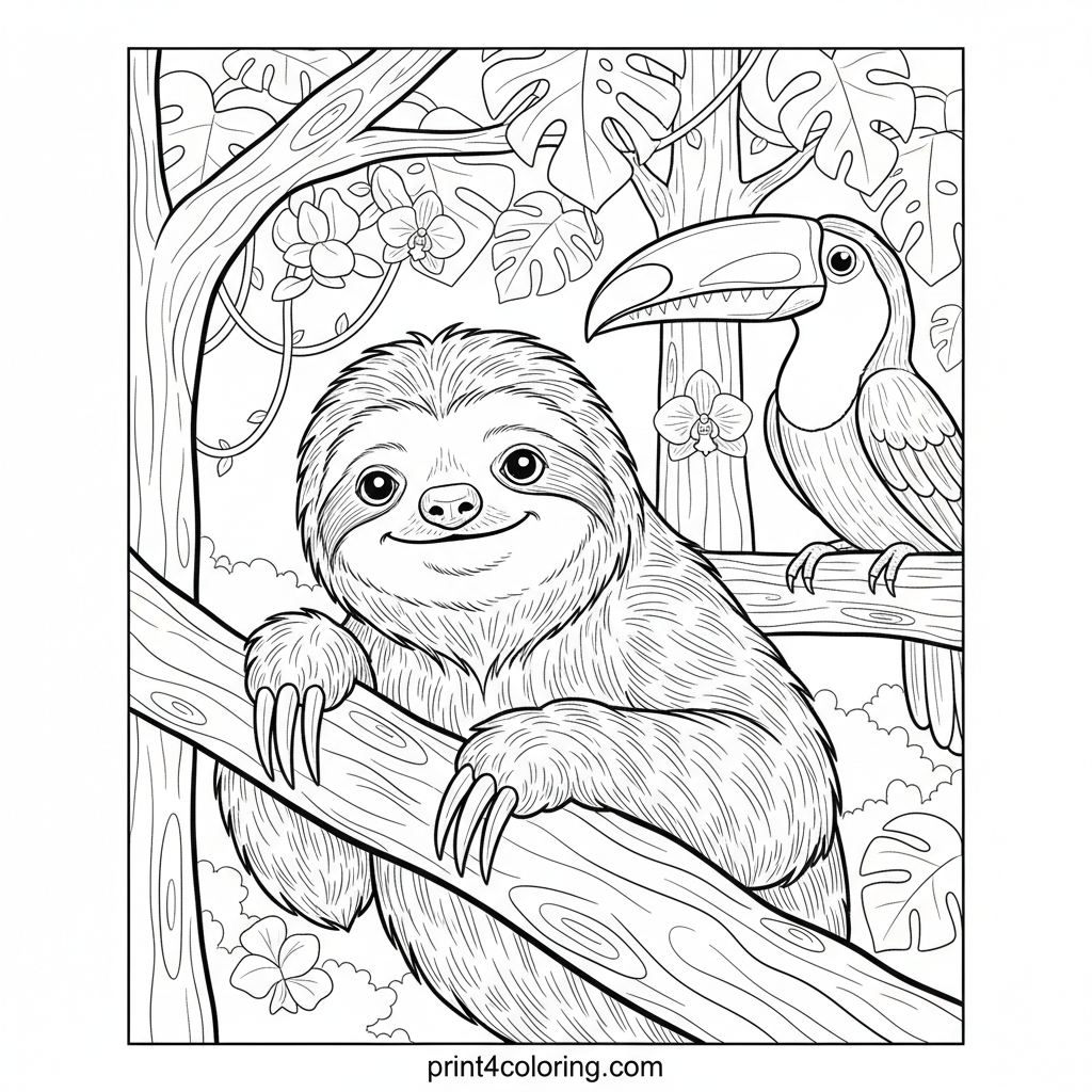 Intricate Rainforest Canopy: Sloth & Toucan