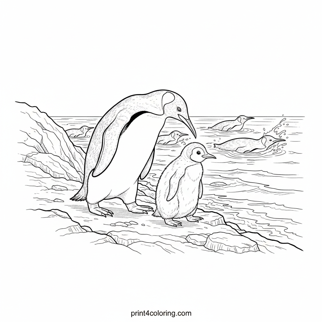 King Penguin Family's Rocky Shore Adventure