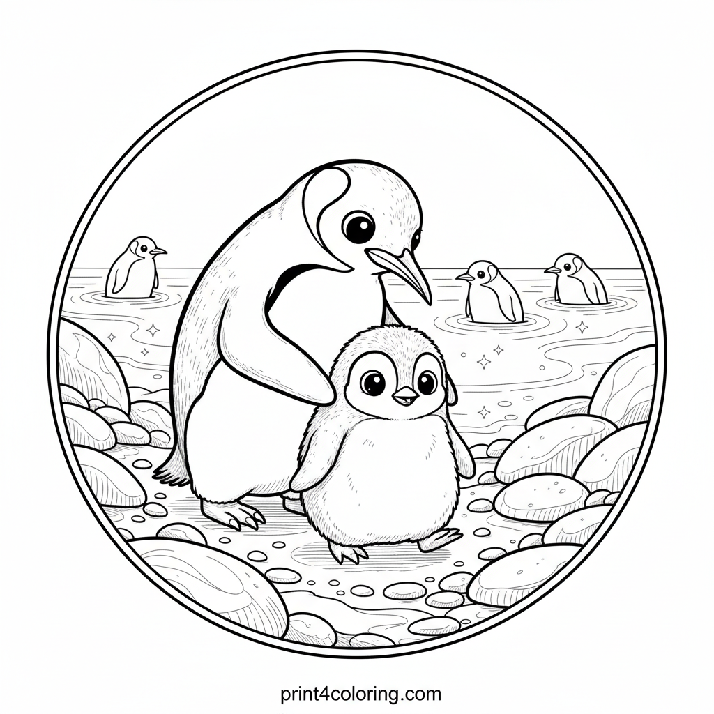 King Penguin Family's Rocky Shore Retreat