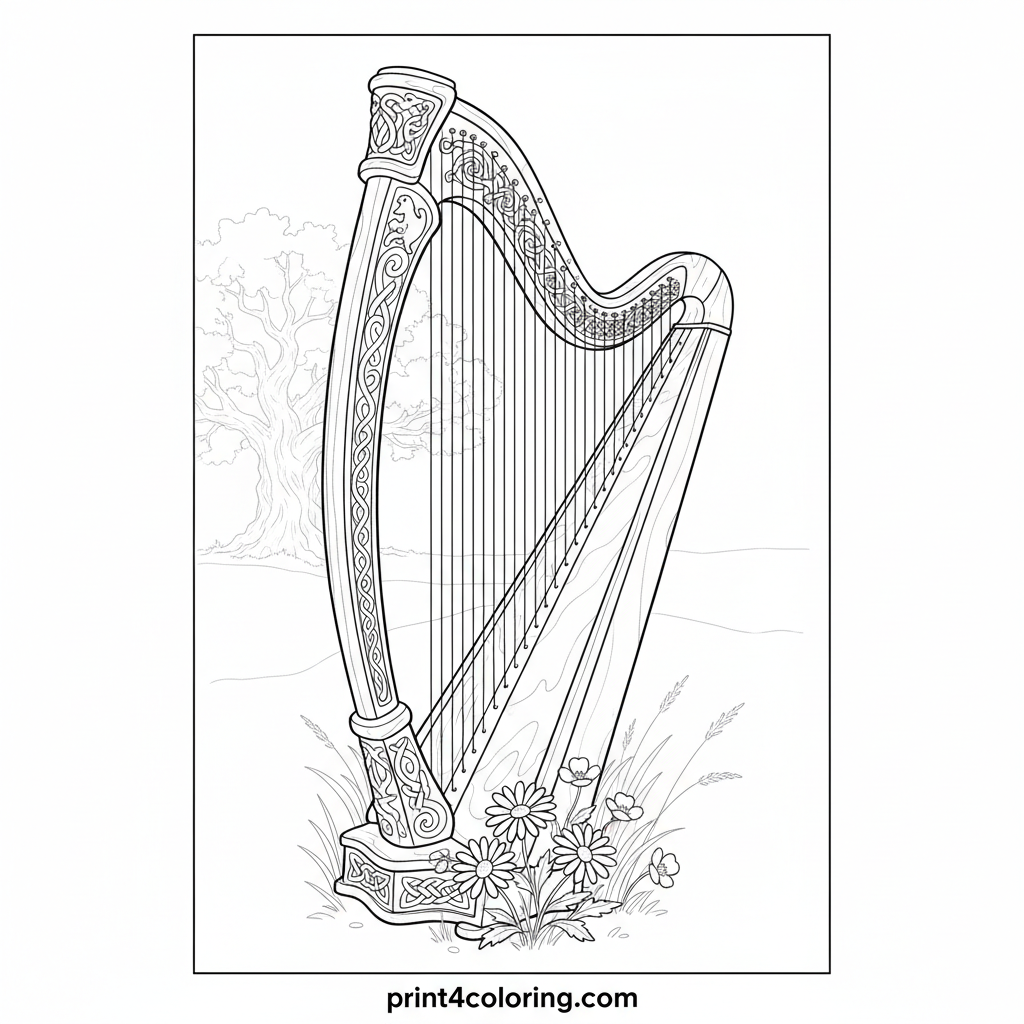 Enchanted Celtic Harp in the Whispering Meadow