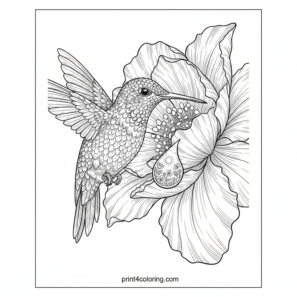 Iridescent Wonder: Hummingbird and Dewdrop Blossom