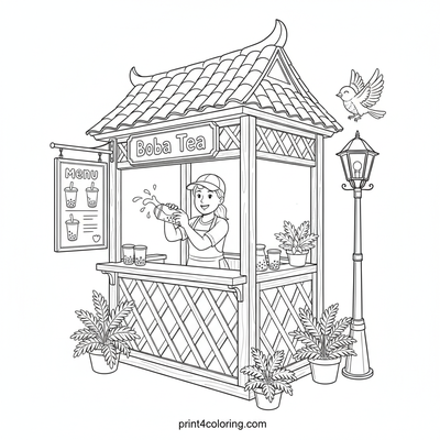 Bustling Boba Tea Kiosk Adventure - free printable coloring page