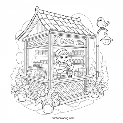 Whimsical Boba Tea Stand - free printable coloring page
