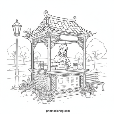 Whimsical Boba Tea Kiosk - free printable coloring page