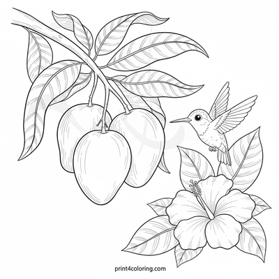 Sweet Mango Harvest with Hummingbird Friend - free printable coloring page