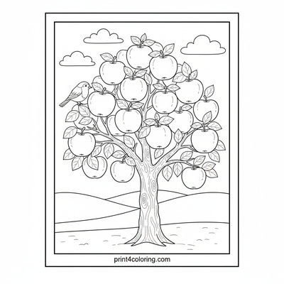 Apple Tree & Robin's Harvest Feast - free printable coloring page