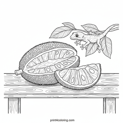 Tropical Jackfruit Feast with a Curious Gecko - free printable coloring page