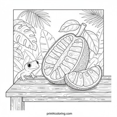 Tropical Jackfruit Still Life: A Gecko's Delight - free printable coloring page