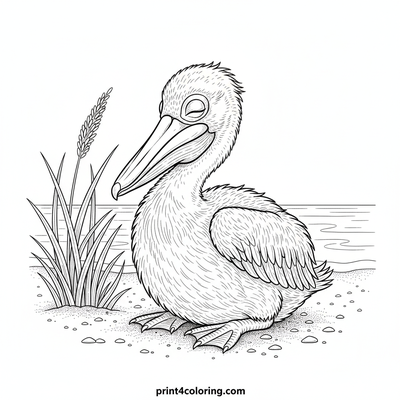 Dreaming Baby Pelican on the Beach - free printable coloring page