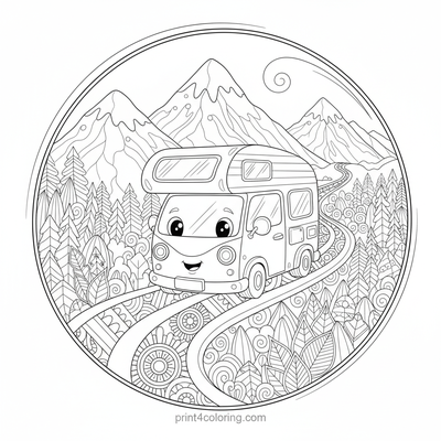 Cozy Camper Van Mountain Adventure - free printable coloring page