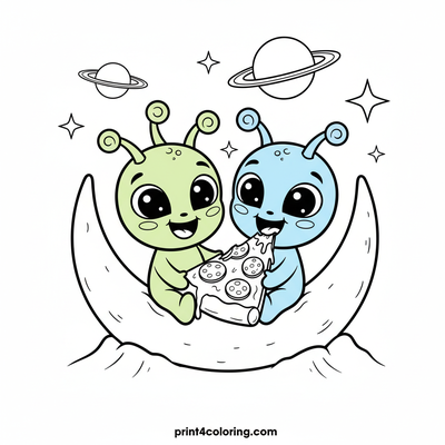 Galactic Pizza Pals on the Moon - free printable coloring page