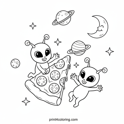 Alien Friends' Galactic Pizza Party - free printable coloring page