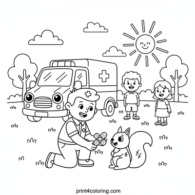 Park Hero Ambulance: Helping a Squirrel Friend - free printable coloring page