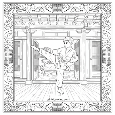 Ancient Dojo Mastery: Taekwondo Focus - free printable coloring page