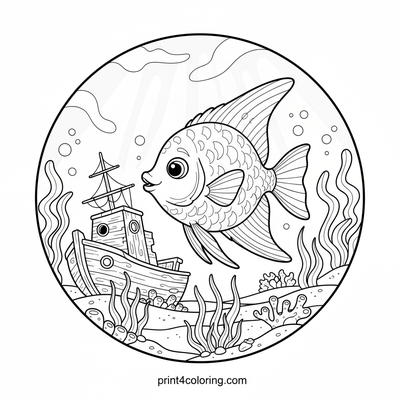 Angelfish's Sunken Shipwreck Sanctuary - free printable coloring page