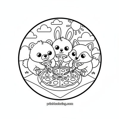 Cozy Critter Pizza Party Pile-Up - free printable coloring page