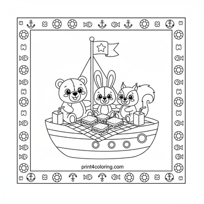 Sunny Sail: Animal Yacht Picnic Party - free printable coloring page