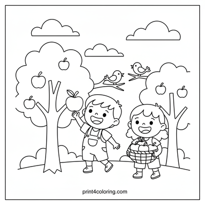 Happy Harvest in the Apple Orchard - free printable coloring page