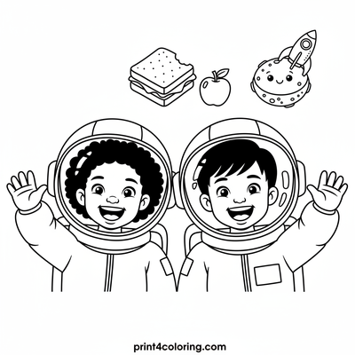Waving Astronauts' Cosmic Picnic - free printable coloring page