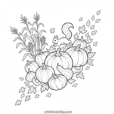 Autumn Harvest Bounty with a Playful Squirrel - free printable coloring page