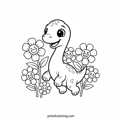 Happy Brachiosaurus Among Big Blooms