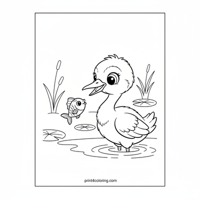 Baby Crane's First Fishing Adventure - free printable coloring page