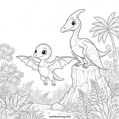 Baby Pterodactyl's First Flight Lesson - free printable coloring page