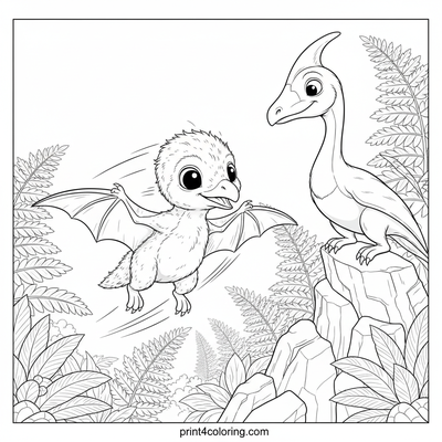 Baby Pterodactyl's Brave First Flight - free printable coloring page