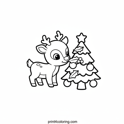Baby Reindeer's Christmas Tree Sniff - free printable coloring page
