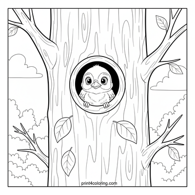Baby Woodpecker's Curious Peek - free printable coloring page