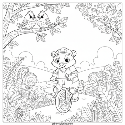 Whimsical Badger's Forest Unicycle Adventure - free printable coloring page