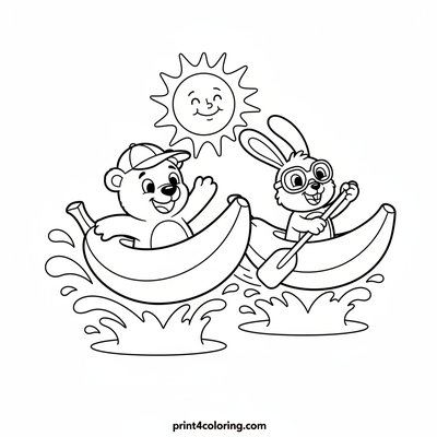 Bear and Bunny's Banana Boat Race! - free printable coloring page