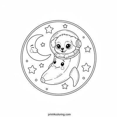 Astronaut Puppy's Banana Rocket Moon Adventure - free printable coloring page