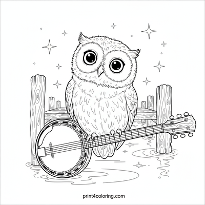 Starlit Serenade: Owl on the Pier's Banjo - free printable coloring page