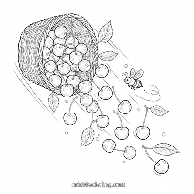 Sweet Cherry Basket with Busy Bee - free printable coloring page