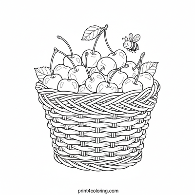 Sweet Cherry Basket with a Busy Bee - free printable coloring page