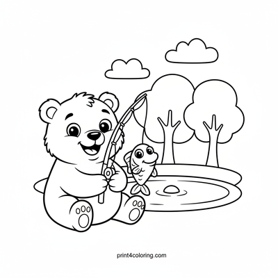 Bear Cub's Happy First Catch - free printable coloring page