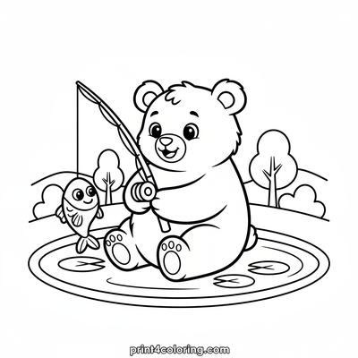 Happy Bear Cub's First Catch! - free printable coloring page
