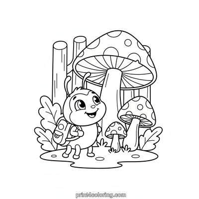 Beetle's Whimsical Mushroom Forest Adventure - free printable coloring page