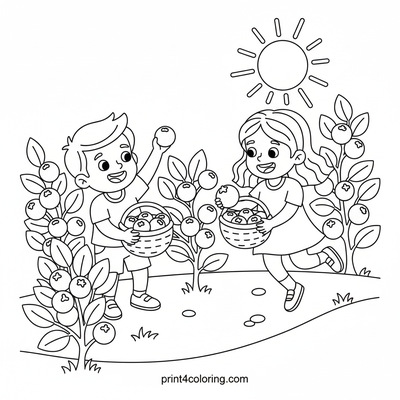 Sunny Blueberry Picking Fun - free printable coloring page
