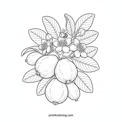 Bountiful Guava Branch: A Bee's Sweet Delight - free printable coloring page