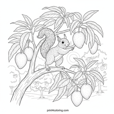 Squirrel's Sunny Mango Harvest - free printable coloring page