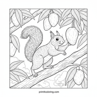 Squirrel's Sweet Mango Harvest - free printable coloring page