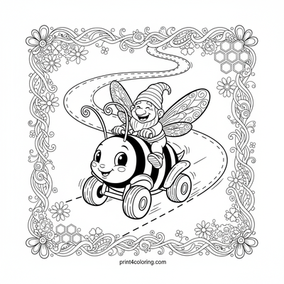 Bumblebee Buzz Race: Gnome's Whimsical Quad Adventure - free printable coloring page