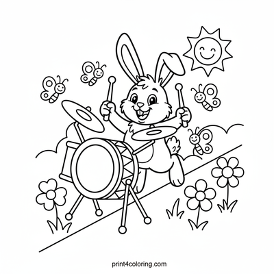 Happy Bunny's Backyard Drum Solo - free printable coloring page