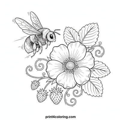 Bumblebee's Sweet Strawberry Pollination - free printable coloring page